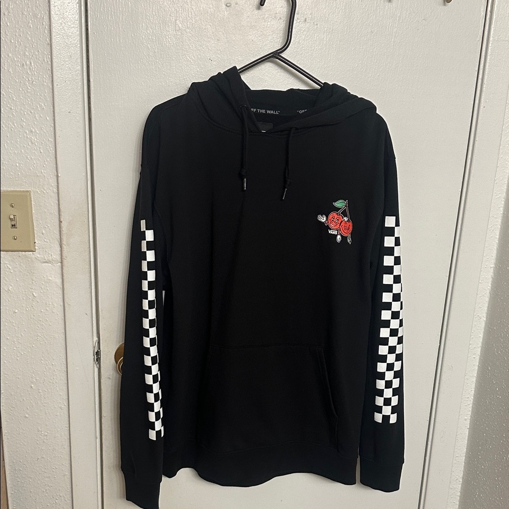 Vans Black Hoodie with Checkered Sleeves and Cherry Design